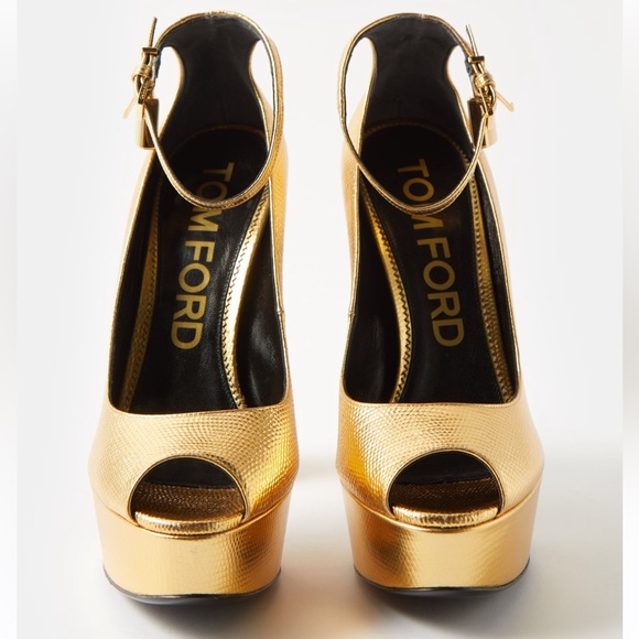 Tom Ford gold platform padlock 145 lizard-effect leather sandal heels - Picture 2 of 6
